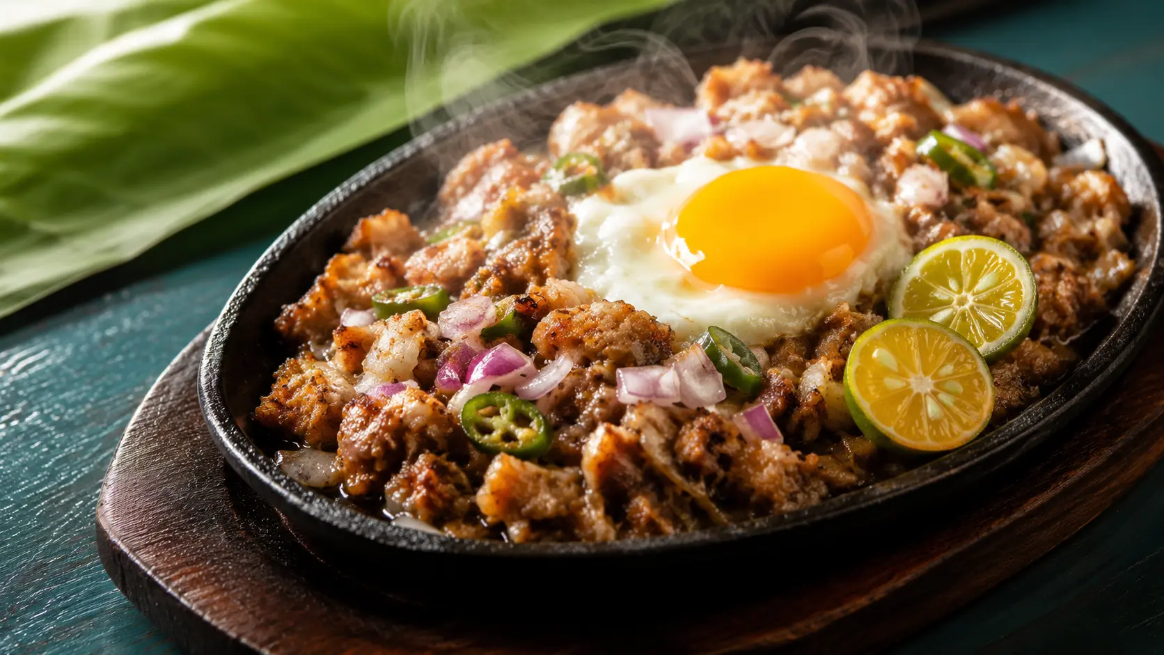Sizzling pork sisig topped with egg, calamansi on the side