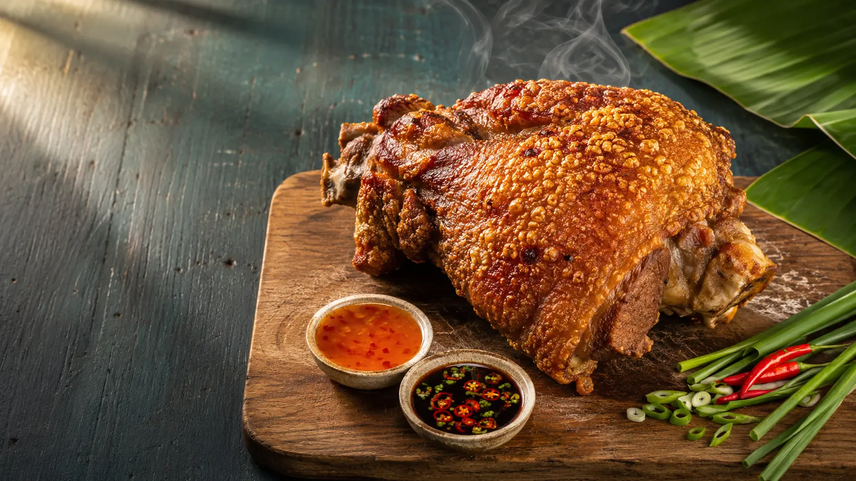 Whole crispy pata on a wooden board with dipping sauces