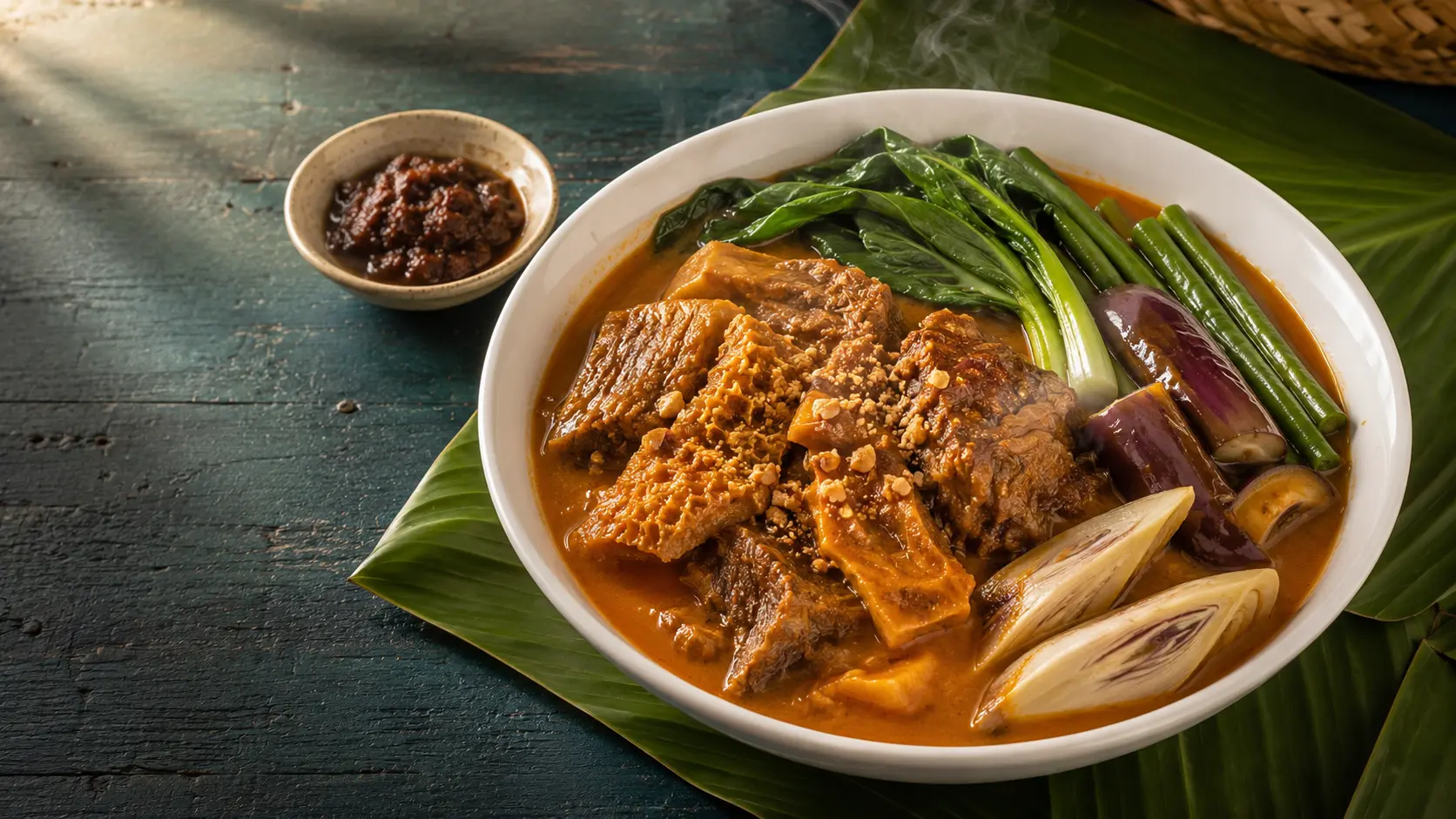 Beef kare-kare in rich peanut sauce with vegetables