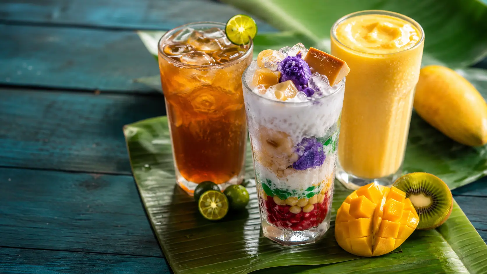 Special halo-halo, calamansi iced tea, and ripe mango shake